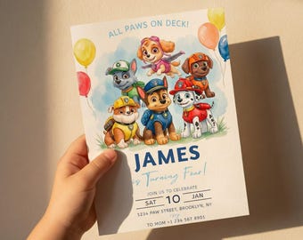 Watercolor Puppy Birthday Invitation, Rescue Dog Party Invite, Paws On Deck Theme, Editable Canva Template, Boy Dog Theme, Digital Download