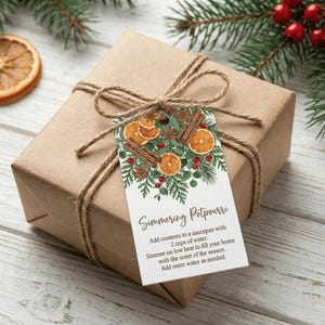 Etiquetas de regalo navideñas con popurrí a fuego lento / Etiqueta imprimible con aromas para estufa / Regalo DIY para maestros y vecinos / Descarga instantánea en PDF
