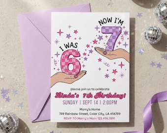 Girl 7th Birthday Invitation, Seven Birthday Invite, I Was 6 Now I Am 7, Cute Aesthetic Party Invite, Printable Template, Editable in Canva