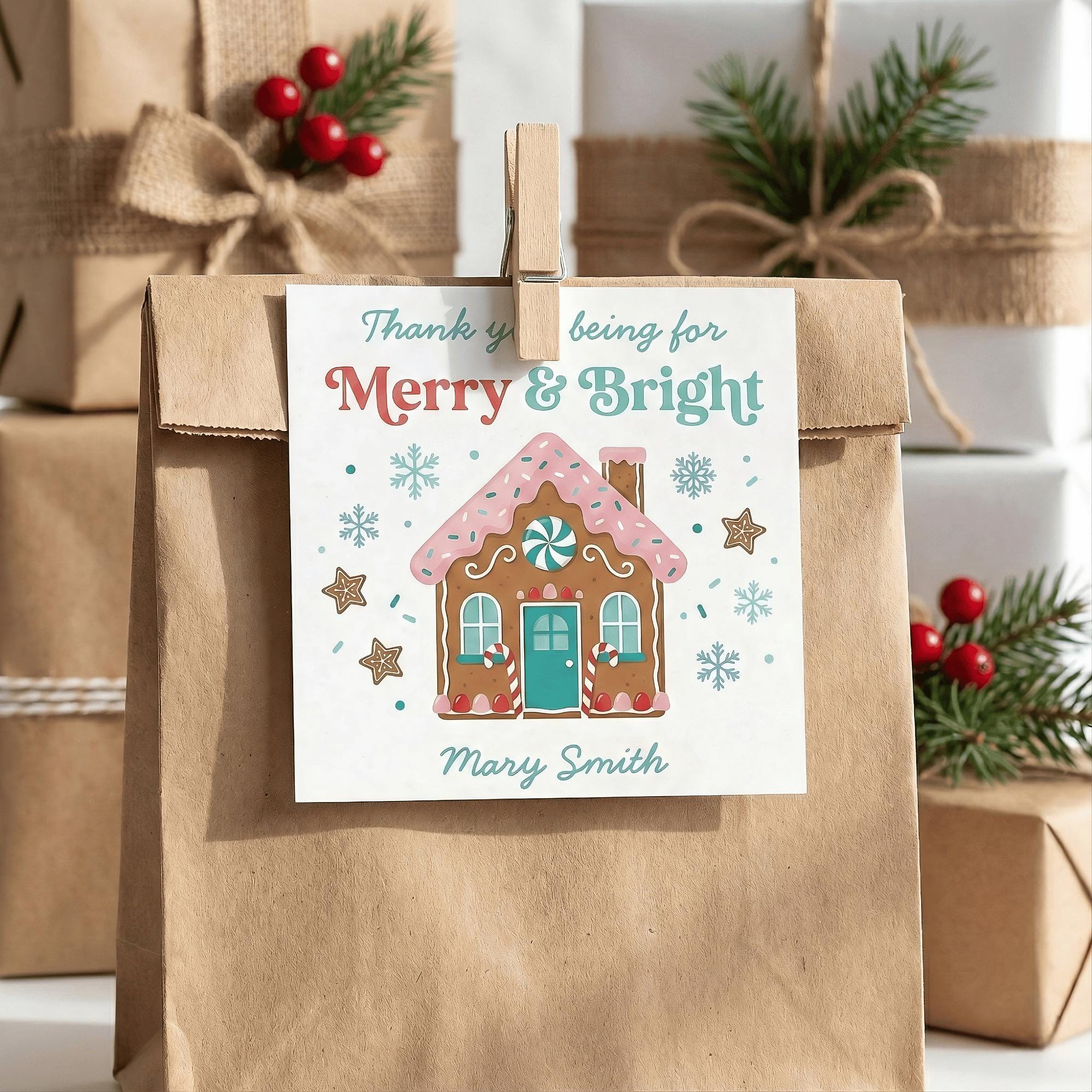 Square Christmas Gift Tag Printable | Pink Gingerbread House Design ...