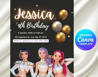 K-Pop Dämonenjäger-Geburtstagseinladung, bearbeitbare Canva-Vorlage, Anime Party einladen, digitaler Download druckbar, Kpop Anime einladen,