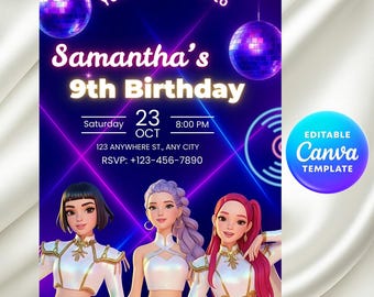 K-Pop Dämonenjäger-Geburtstagseinladung, bearbeitbare Canva-Vorlage, Anime Party einladen, digitaler Download druckbar, Kpop Anime einladen,