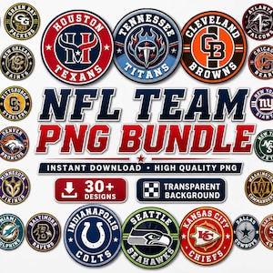 May include: A digital collection of NFL team logos featuring circular emblems for various professional football franchises. The text NFL TEAM PNG BUNDLE is displayed in the center, accompanied by labels for instant download, high quality PNG, 30+ designs, and transparent background.