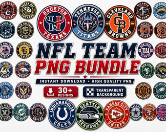 Puede incluir: Una colección digital de logotipos de equipos de la NFL con emblemas circulares para varias franquicias de fútbol profesional. El texto NFL TEAM PNG BUNDLE se muestra en el centro, acompañado de etiquetas para descarga instantánea, PNG de alta calidad, 30+ diseños y fondo transparente.
