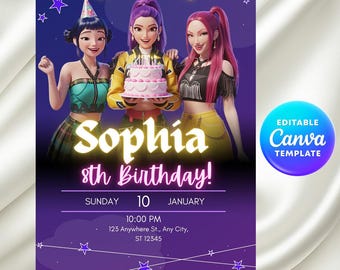 K-pop Demon Hunter Birthday Invitation, Editable Canva Template, Anime Party Invite, Digital Download Printable , Kpop Anime Invite,