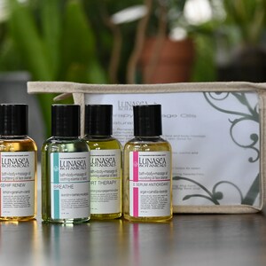 May include: Four small glass bottles with black caps and labels containing bath and body massage oils. The bottles are arranged in a row on a wooden surface. The labels feature the brand name "LUNASEA BOTANICALS" and the names of the oils: "ROSEHIP RENEW", "BREATHE", "SPORT THERAPY", and "E SERUM ANTIOXIDANT". The bottles are in a small, beige canvas bag with a zipper.