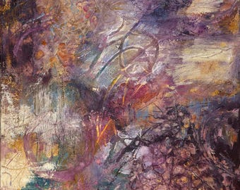 Textured Mixed Media Abstract Painting – Purple and Gold Canvas Art (12x12)