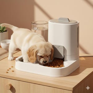 以下が含まれることがあります： 白い自動ペットフィーダーから食事をする、小さく明るい色のパピー。フィーダーには灰色の蓋と給餌エリアがあります。水と小さなボウルも表示されています。