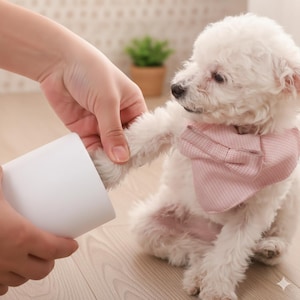 Könnte beinhalten: Ein kleiner, flauschiger weißer Hund mit einem rosa Fliegenbinde-Bandana. Eine Person hält die Pfote des Hundes und einen weißen zylindrischen Gegenstand. Der Hund sitzt auf einem hellen Holzboden.