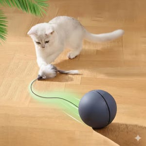 May include: A white cat interacting with a toy mouse and a blue ball on a wooden floor. The toy mouse is grey and white, linked to the ball by a black wire. The ball has a black line across it.
