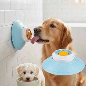 Könnte beinhalten: Ein hellblauer Hundeleckerli-Spender mit weißer Mitte, montiert an einer weißen gefliesten Wand. Ein Golden Retriever leckt das Erdnussbutter-Leckerli. Ein kleiner weißer Hund trinkt Wasser aus einer Schüssel.