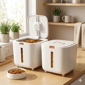 Peut inclure: Deux récipients blancs pour aliments pour animaux de compagnie avec des accents cuivrés. L'un des récipients est ouvert, révélant de la nourriture pour animaux. Un petit bol blanc avec de la nourriture pour animaux est devant.