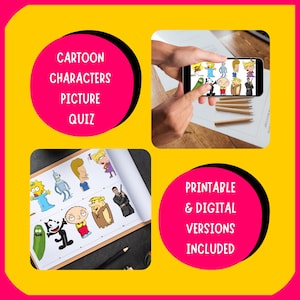 Könnte beinhalten: Eine leuchtend gelbe und rosa Grafik mit dem Text "CARTOON CHARACTERS PICTURE QUIZ" und "PRINTABLE & DIGITAL VERSIONS INCLUDED." Das Bild zeigt Zeichentrickfiguren auf einem Telefonbildschirm und auf Papier gedruckt.