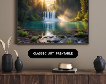 May include: A framed print of a waterfall scene with a rainbow, surrounded by lush green trees. The text "CLASSIC ART PRINTABLE" is displayed on a black banner. The print is displayed above a dark wooden cabinet with decorative vases.