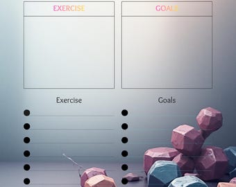 May include: Fitness workout planner with text and graphics. The word "Planner" is in pink letters. The planner includes sections for exercise and goals, with a notes section. Decorative geometric shapes in shades of pink, blue, and purple are at the bottom.