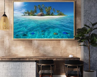 Ocean Wall Art Printable | Island Scene with Fish, Underwater Sea Life Art, Digital Download