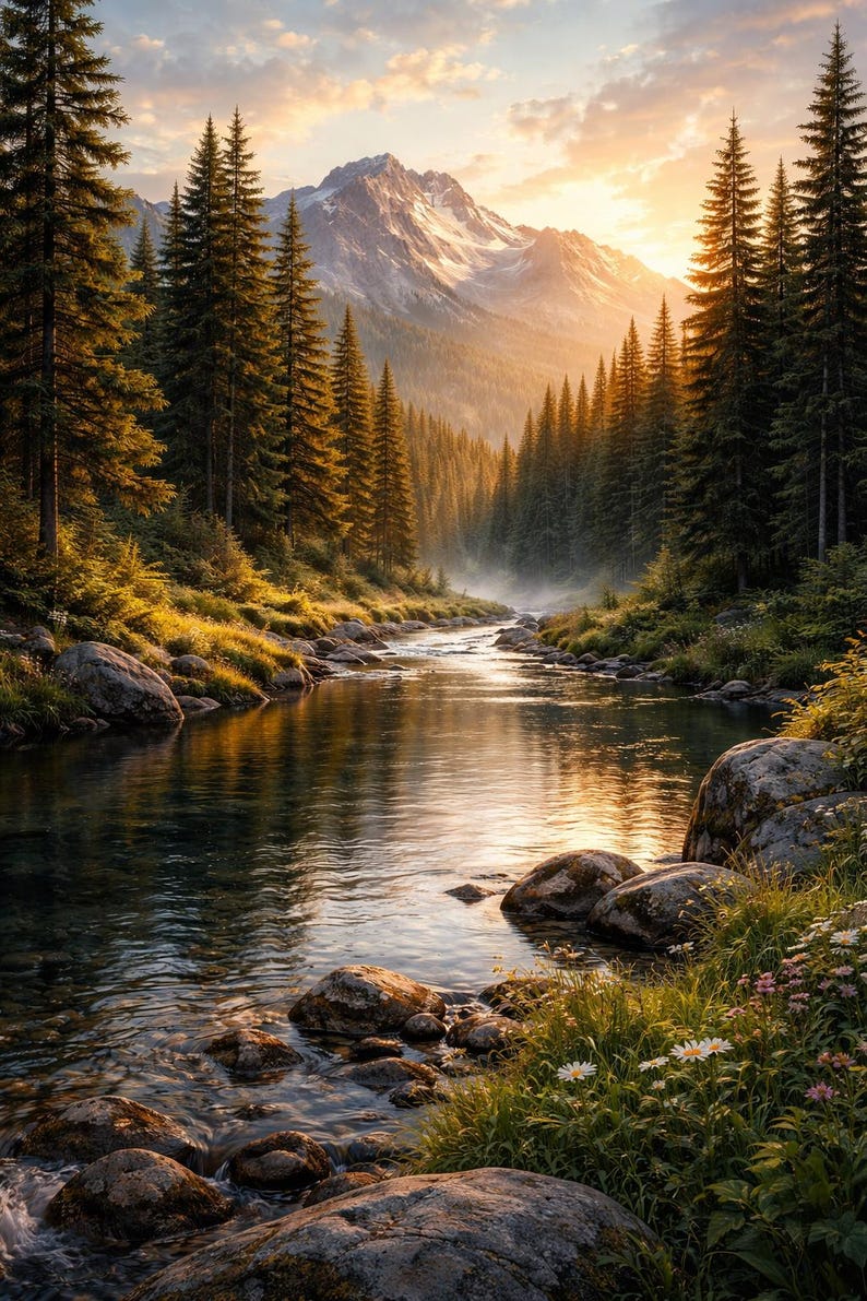 Mountain River Forest Print, Alpine Landscape Wall Art (digital ...