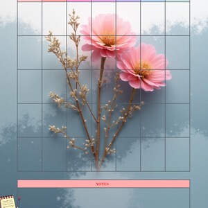 Op de afbeelding: Maandplanner met een lichtblauwe achtergrond, een raster voor de dagen van de week en ruimte voor notities. De planner heeft roze bloemen en de woorden "Monthly Planner" in het rood.