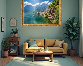 Lámina decorativa imprimible de Hallstatt, Austria: paisaje de un pueblo alpino junto a un lago, decoración de viajes por Europa, descarga digital.
