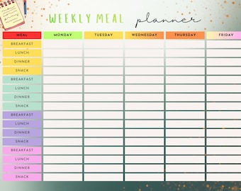 Puede incluir: Un planificador de comidas semanal con un diseño colorido. El planificador incluye secciones para el desayuno, el almuerzo, la cena y los refrigerios, con columnas para cada día de la semana. Las palabras "WEEKLY MEAL planner" están en la parte superior.
