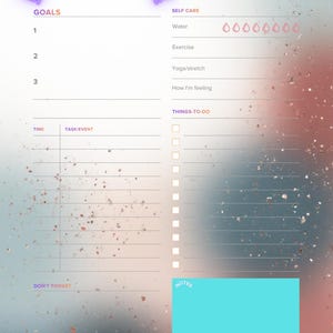Könnte beinhalten: Ein Tagesplaner mit einem Farbverlaufshintergrund und dem Text "DAILY PLANNER" in einer lila Neon-Schriftart. Der Planer enthält Abschnitte für Ziele, Selbstpflege, Aufgaben und Notizen. Es gibt auch einen Abschnitt zur Verfolgung der Wasseraufnahme.