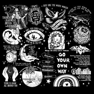 May include: Black and white graphic design with various illustrations and text. Includes a witch, dove, eye, moon, and text like "Go Your Own Way" and "Thunder Only Happens When It's Raining". A whimsical, artistic design.
