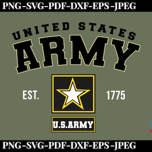 May include: Olive green graphic design with the words "UNITED STATES ARMY" in bold black letters with a yellow outline. Below is a star emblem and the text "EST. 1775" and "U.S.ARMY".