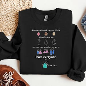 May include: Black sweatshirt with white text and graphic. The text reads "I don't care what colour your skin is...what size you are...or what your sexual preference is. I hate everyone. Fuck You!"