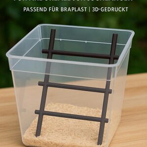 Könnte beinhalten: Ein klarer Kunststoff-Terrarium mit einer dunkelbraunen Leiterstruktur im Inneren, die auf einer Schicht aus Holzspänen ruht. Der Text oben lautet "PETG SITZÄSTE FÜR ARBOREALE JUNGSCHLANGEN PASSEND FÜR BRAPLAST | 3D-GEDRUCKT".