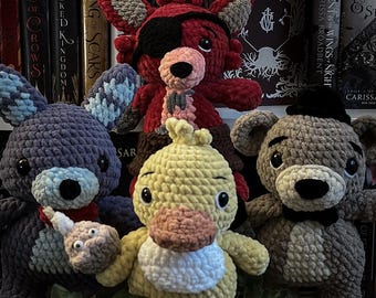 Paquete de peluches animatrónicos de ganchillo / Peluches de juegos de terror hechos a mano / Peluches de zorro, oso, conejo y pollito