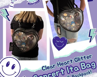 Black Heart Shaped Clear Glitter Ita Bag | Convertible Crossbody & Backpack, Concert Approved