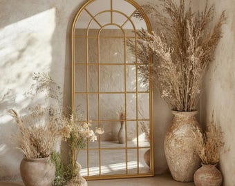 Elegant Outdoor Decorative Wall Mirror, Living Room Window Full, Full-length Window Mirror, Handmade Arched Mirror.