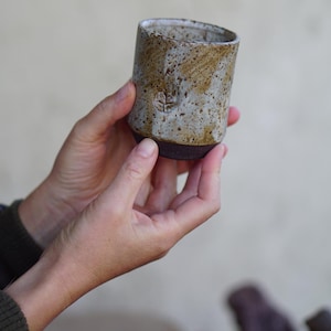 May include: A handcrafted ceramic tumbler with a textured, speckled finish. The cup has a light brown and grey colour scheme with a dark brown base. A small leaf design is visible on the side. This unique piece is perfect for enjoying your favourite beverage.