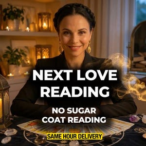 May include: A woman smiling at the camera with the text "NEXT LOVE READING" in large white letters. Below, the text reads "NO SUGAR COAT READING" and "SAME HOUR DELIVERY". Tarot cards and crystals are on the table.