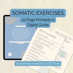 Könnte beinhalten: Ein 14-seitiger druckbarer und digitaler Leitfaden für somatische Übungen mit dem Titel Neck & Nervous System Reset. Das Dokument enthält ein Arbeitsbuch, eine Inhaltsübersicht und eine 7-stufige Sequenz zur Entspannung des Nackens.