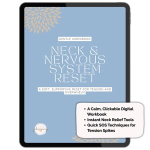 Könnte beinhalten: Ein Tablet zeigt ein digitales Arbeitsbuch mit dem Titel "Neck & Nervous System Reset". Das Cover ist hellblau mit weißem Text und floralem Design. Es verspricht einen sanften Reset für Verspannungen und Überforderung.