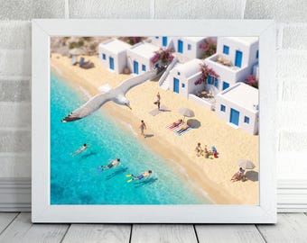 Póster de playa griega, motivo costero mediterráneo, arte digital de pared playero