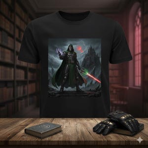 Może przedstawiać: Czarny t-shirt z fantastyczną ilustracją postaci w kapturze w zbroi, trzymającej świecący miecz i fioletową kulę energii. Ciemny zamek w tle. Para czarnych rękawic i książka leżą na drewnianej powierzchni.