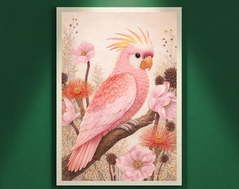 Pink Cockatoo Wall Art Printable, Soft Floral Bird Illustration, Romantic Botanical Nature Art, Luxury Artistic Home Decor, Digital Download