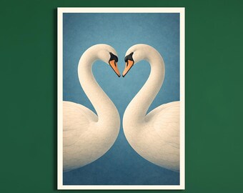 Swan Wall Art Printable, Swan Couple Love Art, White Swan Illustration, Romantic Wall Decor, Luxury Home Decor, Digital Download