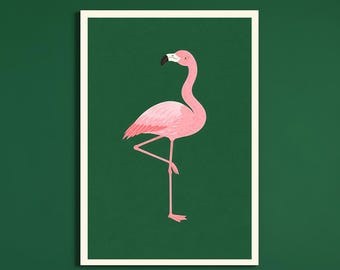 Flamingo Wall Art Printable, Pink Flamingo Illustration, Modern Bird Wall Decor, Minimal Animal Art, Luxury Home Decor, Digital Download
