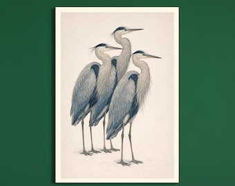 Heron Wall Art Printable, Blue Heron Illustration, Natural Bird Art, Minimalist Bird Print, Luxury Home Decor, Digital Download