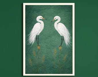 White Egret Pair Wall Art, Bird Illustration, Green Minimalist Nature Print, Serene Printable Art, Artistic Home Decor, Digital Download