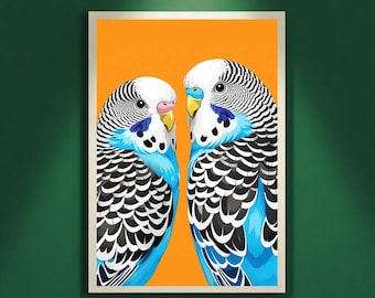 Collector Budgie Pair Wall Art Printable, Modern Love Bird Illustration, Symbolic Parrot Art, Luxury Artistic Home Decor, Digital Download