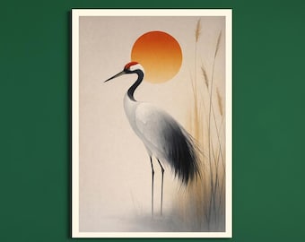 Red Crowned Crane Wall Art, Japanese Crane Illustration, Sunset Nature Art, Elegant Neutral Decor, Luxury Home Decor, Digital Download
