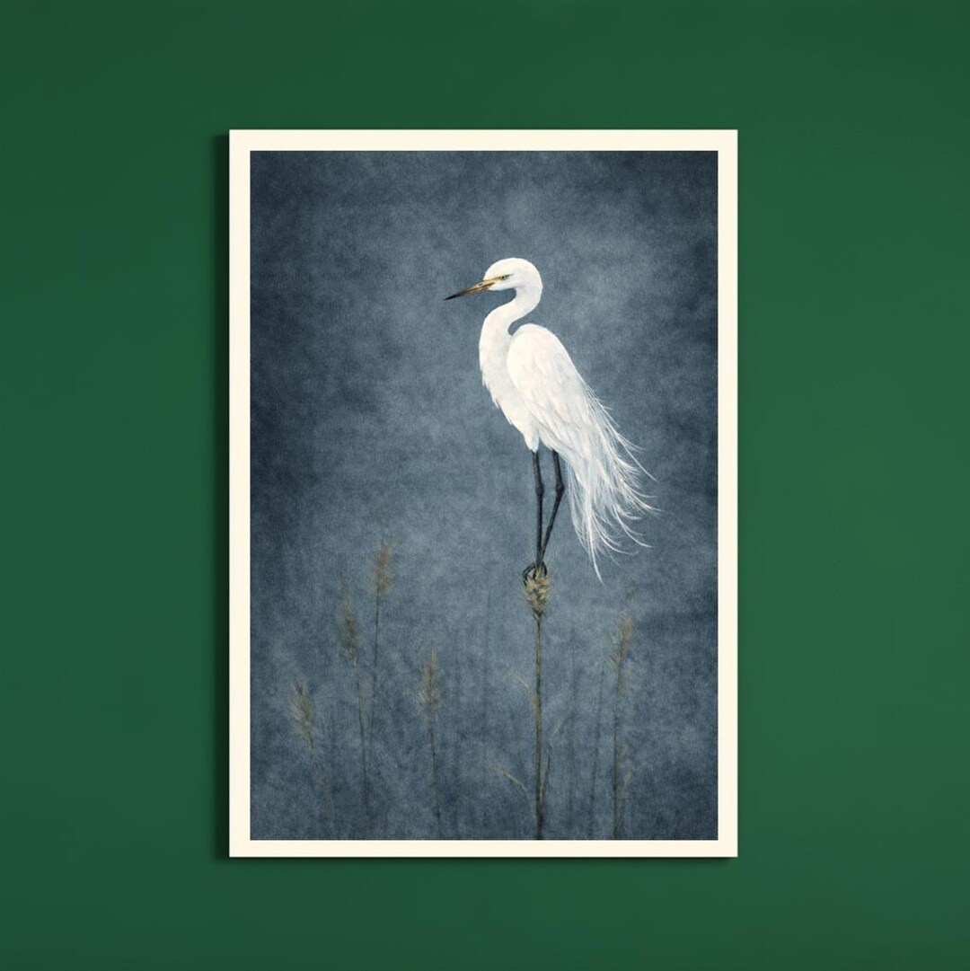 White Egret Wall Art, Elegant Bird Illustration, Moody Blue Grey Decor ...