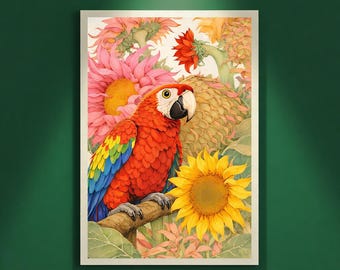 Scarlet Macaw Wall Art, Bold Sunflower Botanical Bird Illustration, Maximalist Nature Art, Luxury Artistic Home Decor, Digital Download