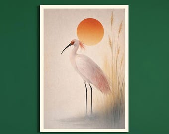 Crested Ibis Wall Art, Elegant Bird Illustration, Soft Sunset Bird Art, Japanese Inspired Decor, Luxury Home Decor, Digital Download