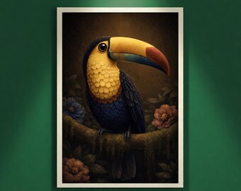 Toucan Wall Art Printable, Vintage Bird Illustration, Tropical Toucan Art, Dark Moody Animal Art, Luxury Home Decor, Digital Download