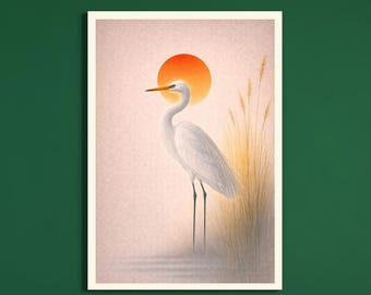 Egret Wall Art Printable, White Egret Illustration, Minimalist Bird Art, Calm Neutral Wall Decor, Luxury Home Decor, Digital Download